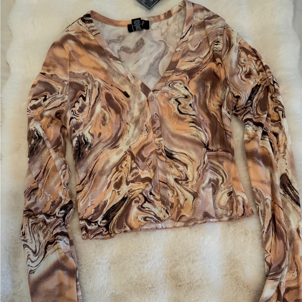Marble Print V-Neck Button-Up Top